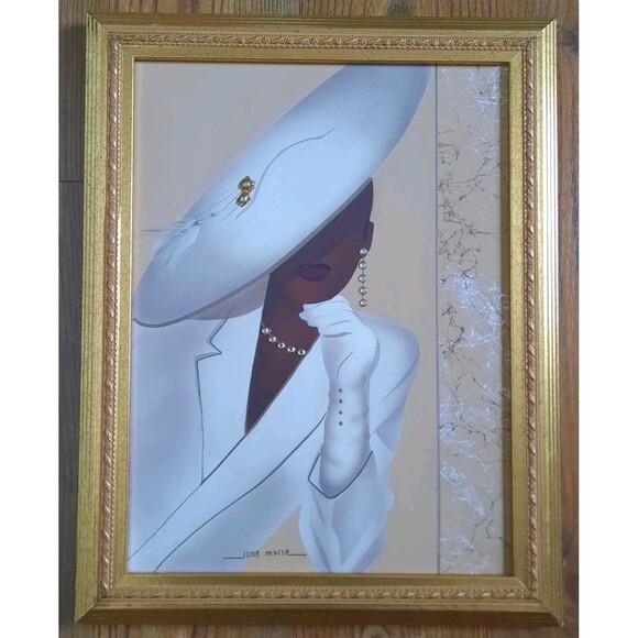 Original Signed June Marie Acrylic Canvas 3D Painting Gold Framed Art Deco - Picture 1 of 9